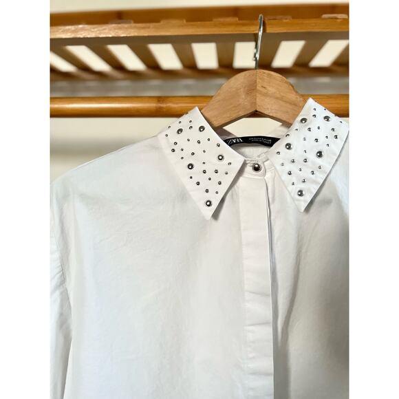 Zara Cropped White Embellished Collar Button Front Top - Picture 2 of 8